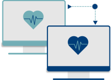 Asynchronous Services Icon, two computers with heartbeat logos