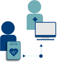Remote patient monitoring icon, people with heart monitor, doctor with computer