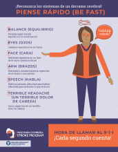 Poster with text in Spanish detailing the warning signs of stroke and importance of calling 911.