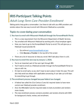 Cover Preview of IRIS Participant Talking Points for Adult Long-Term Care Provider Enrollment