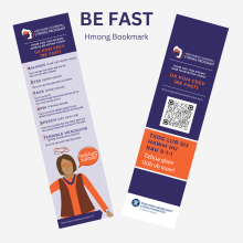 Bookmark with the acronym BE FAST for stroke symptom awareness translated in Hmong