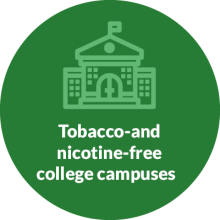 Tobacco Program graphic with text "Ask college campuses to go tobacco-free"