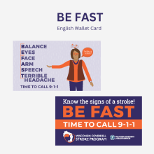 Wallet card with text detailing the signs and symptoms of stroke and the importance of calling 911