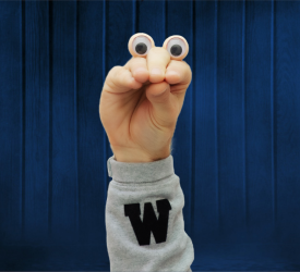 Hand with eyes on knuckles ("Wally") stands against a blue curtained background