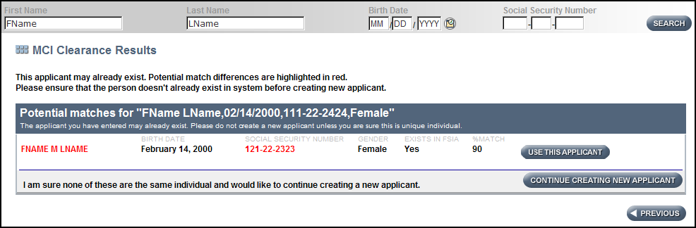 CLTS FS Screenshot: Applicant already exists on CLTS screening