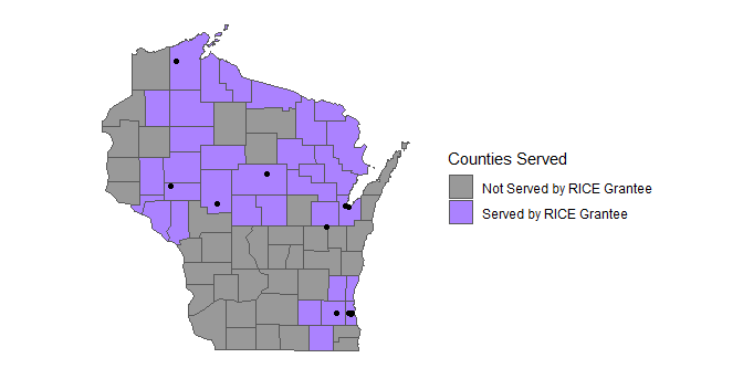 RICE 1.0 map showing counties that are served by RICE grantees