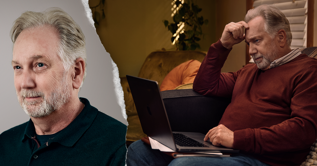 Person looking serious with a blank background on left. Same person on right with a laptop at home.