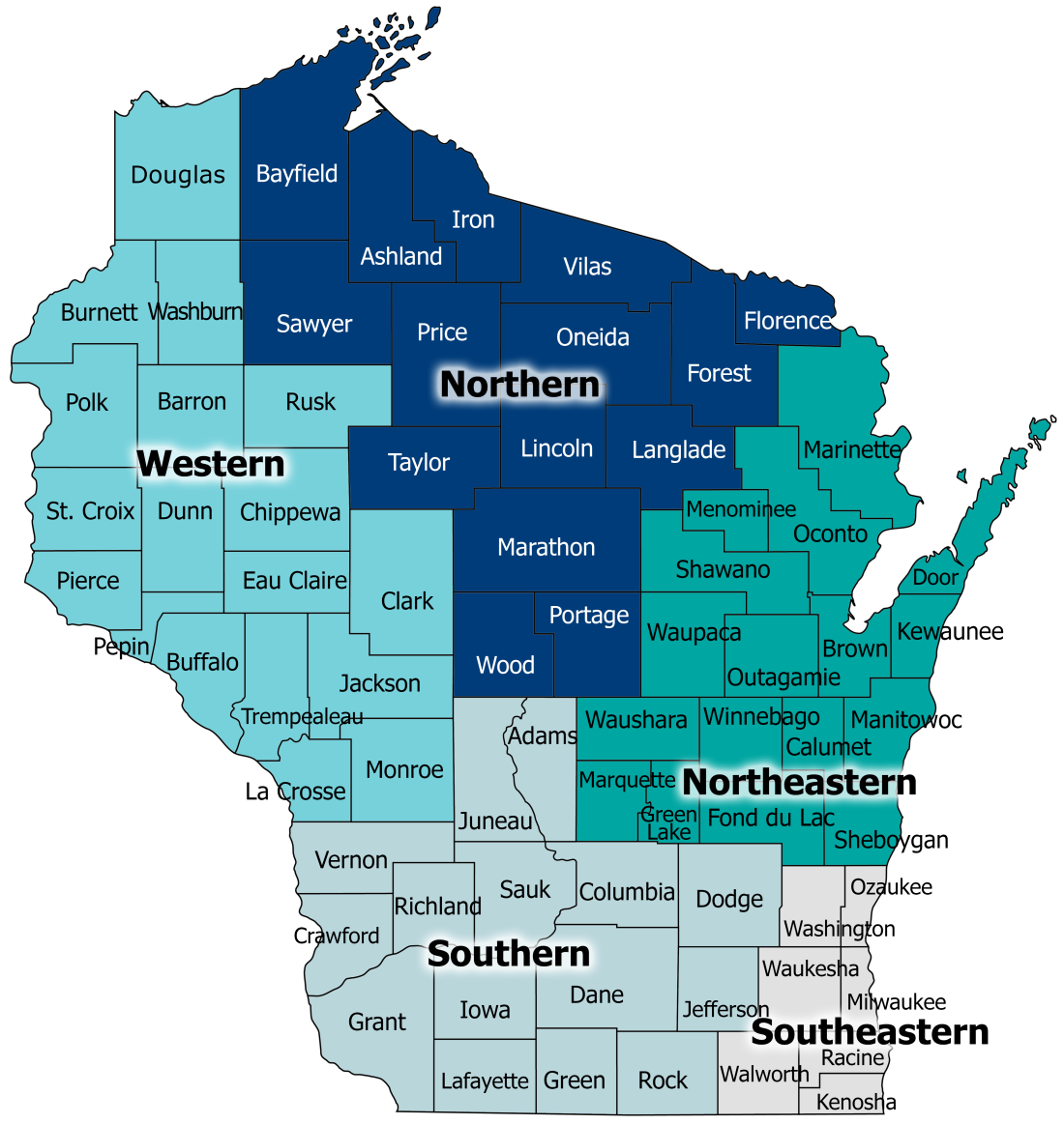 Map showing the Public Health regions of Wisconsin