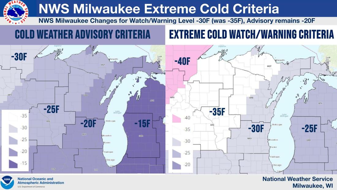 Two maps: One map shows temperature and wind criteria for cold advisories. A second map shows temperature and wind criteria for extreme cold warnings and advisories.