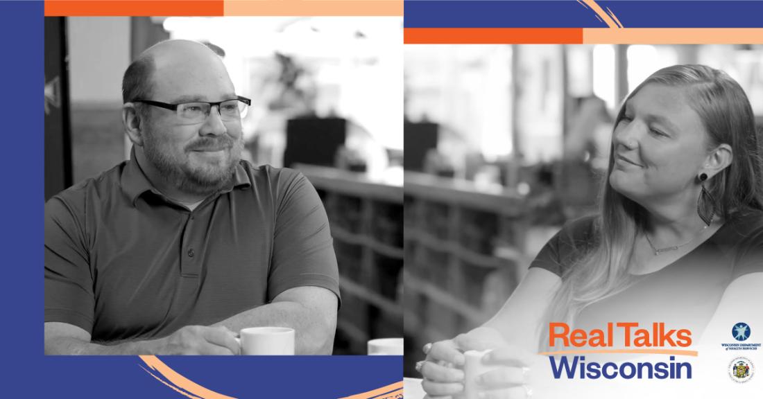 Two photos of people smiling with the Real Talks Wisconsin logo and branding.