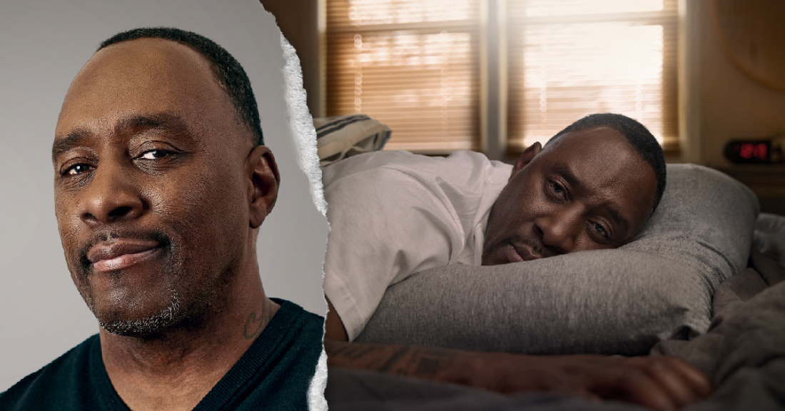 Person looking serious with a blank background on left. Same person on right in bed.