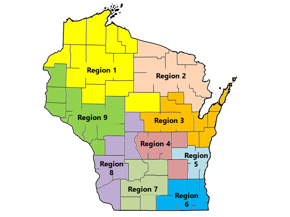 A map of Wisconsin with numbered regions