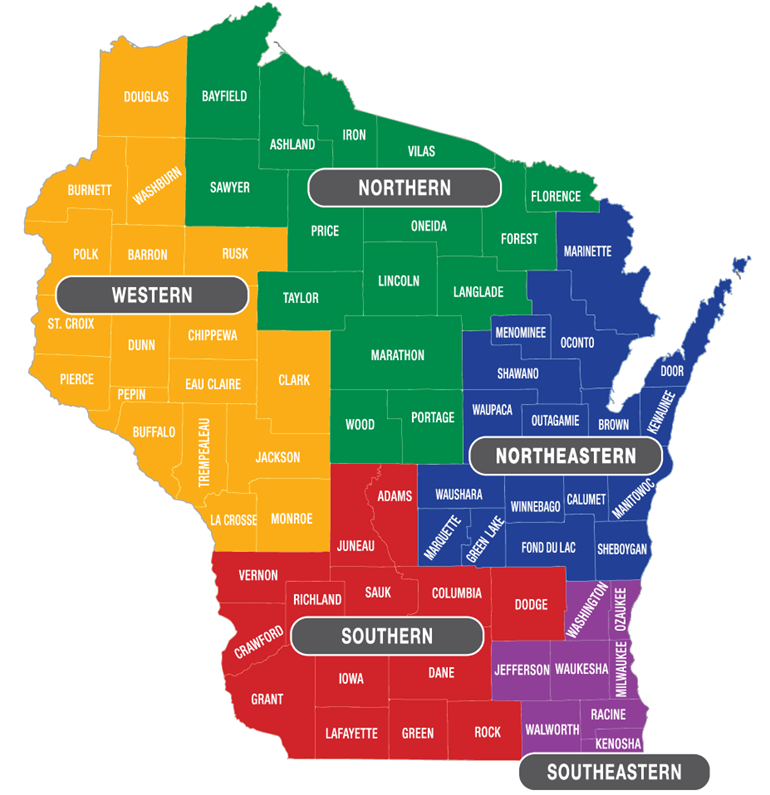Map of Wisconsin divided into five regions