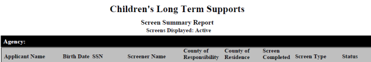 CLTS Functional Screen Module 11 Screen Summary Report