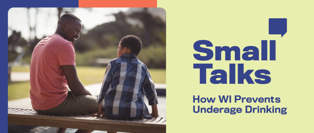 Father and son on a park bench combined with the Small Talks campaign logo