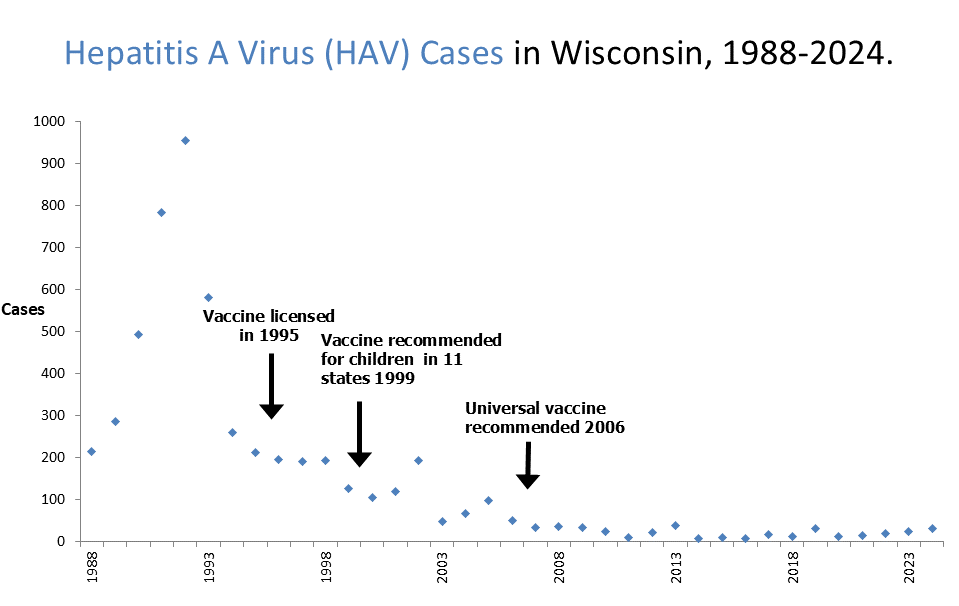 Graph showing Hepatitis A Cases in Wisconsin from 1988-2024