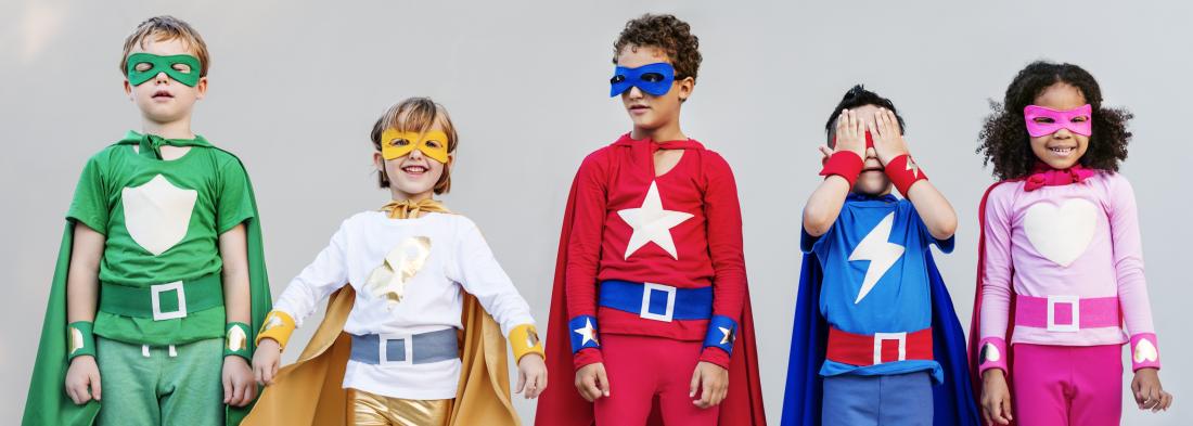 Five children dressed as super heros