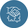 An icon of a handshake above puzzle pieces in a blue circle